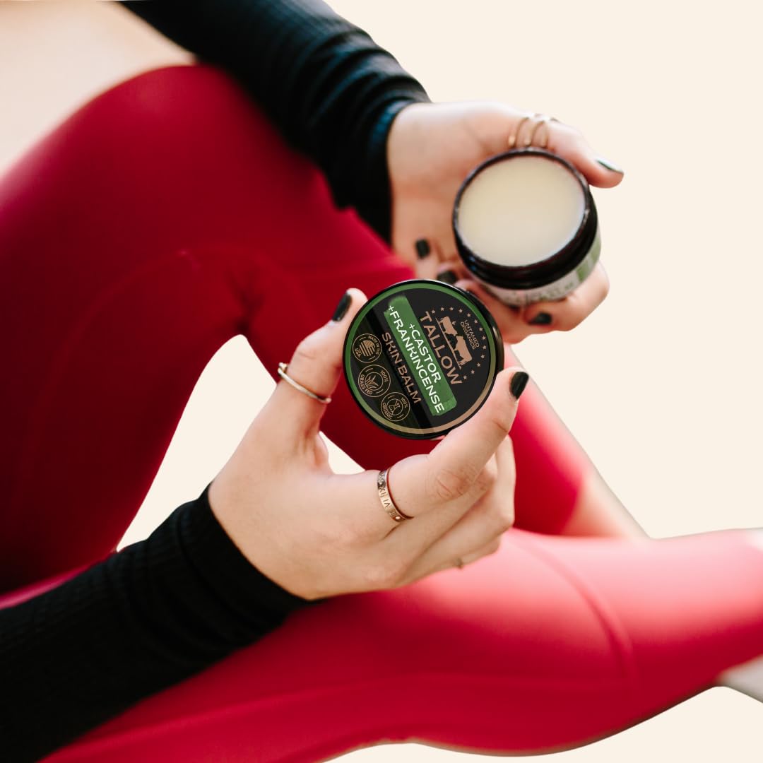 Handmade Tallow, Castor Oil, and Frankincense Oil Skin Balm - 100% Grass-Fed Tallow for Skin Care - Face & Body Moisturizer for Sensitive Skin, Eczema All-Purpose Balm - 2 FL. oz.
