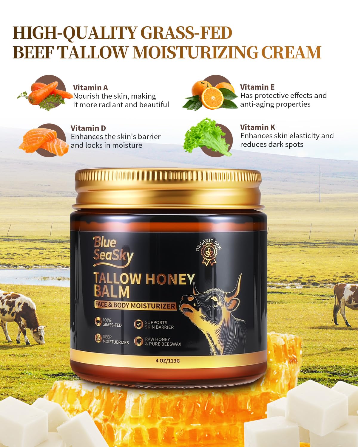 Upgraded Beef Tallow for Skin Handmade Whipped Organic Grass-Fed Tallow Balm with Raw Wild Honey for Eczema & Rosacea,Non-Comedogenic Face,Body Moisturizer for Dry, Sensitive Skin - 4oz Unscented
