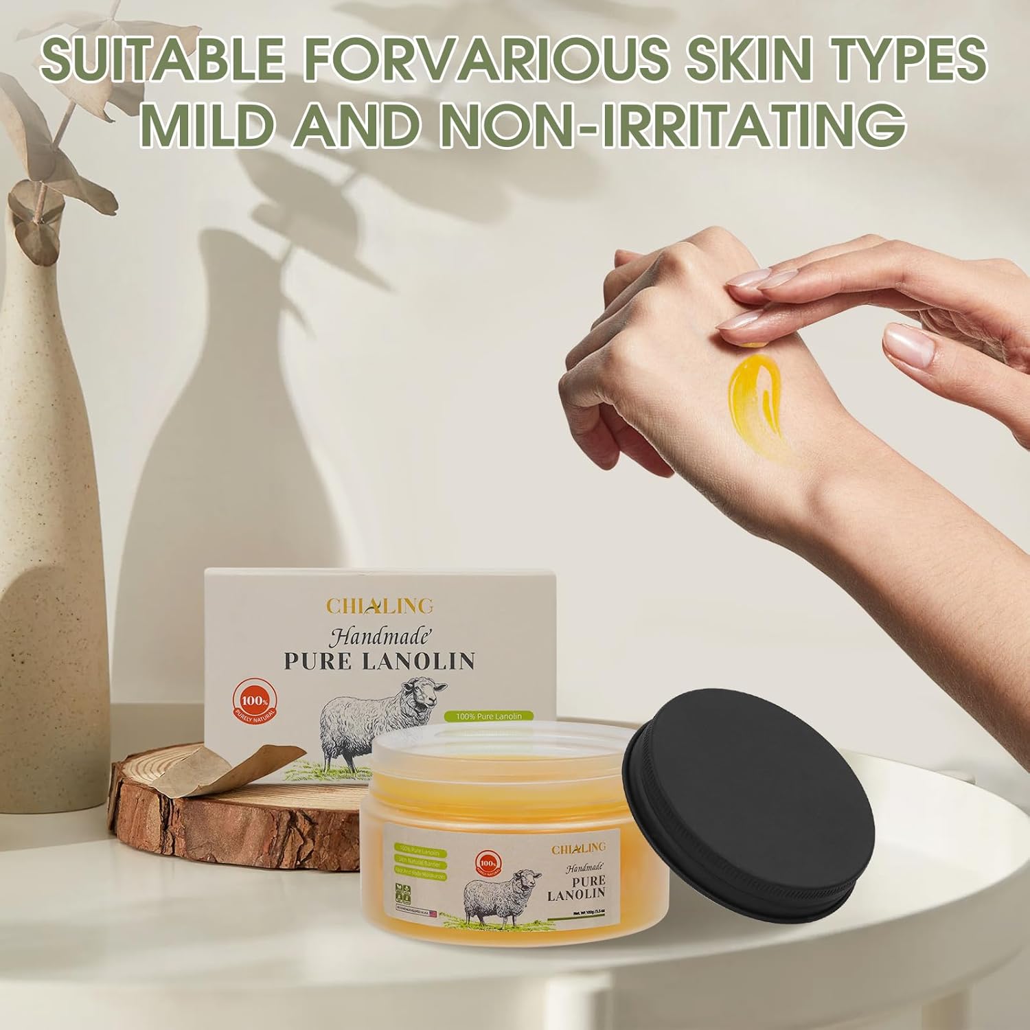 CHIALING Handmade Lanolin - 100% Pure Natural Australian Lanolin Cream - Made in USA - USP Grade Moisturizer for Dry/Cracked Skin, Nipple Discomfort, Lip Hydration & Eczema | Unscented, Additive-Free(3.5 oz)