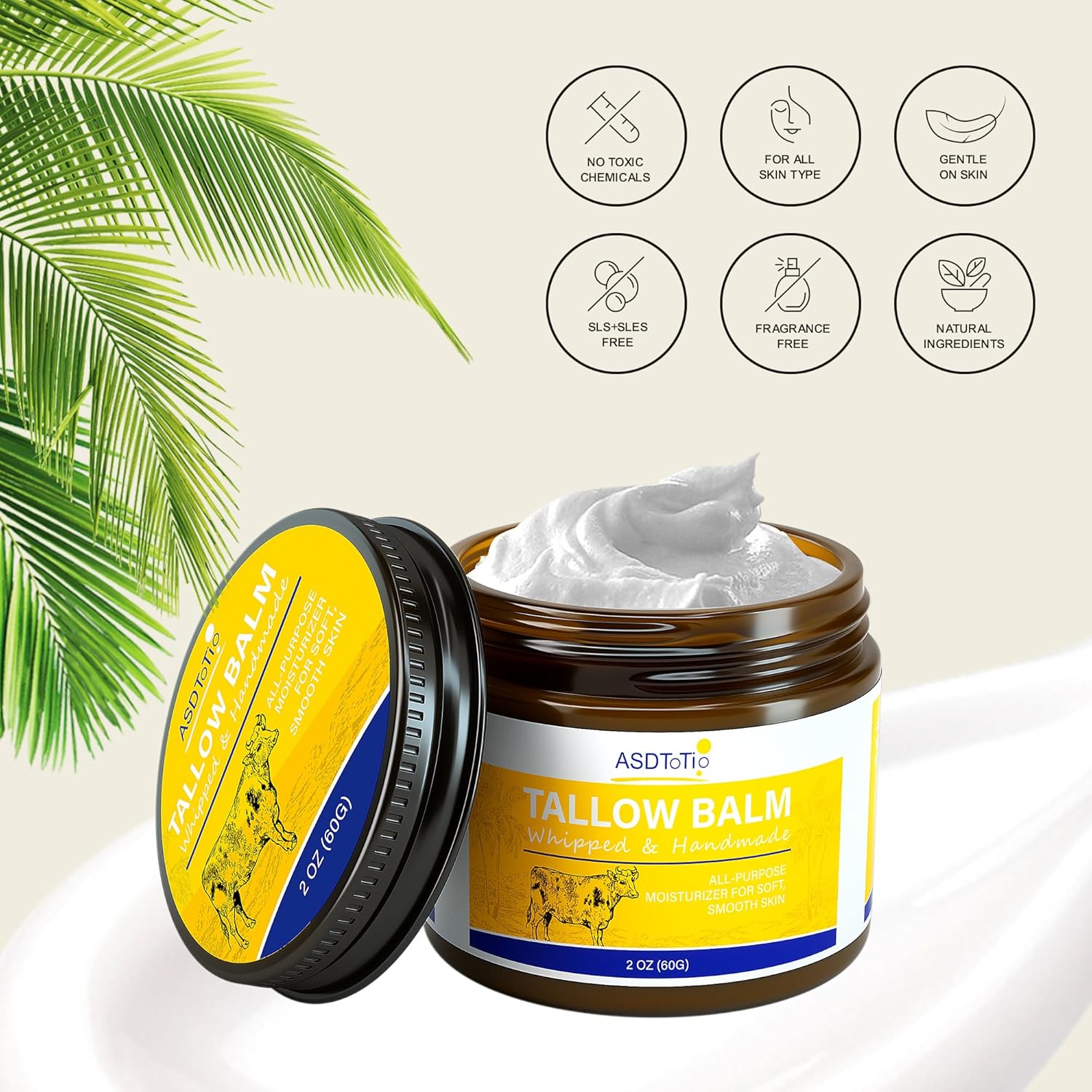 Handmade Whipped Tallow Balm for Skin Care- All Natural Grass Fed Beef Tallow All Purpose Balm,Face and Body Moisturizing Cream, Tallow Balm For Dry Skin- 2 oz