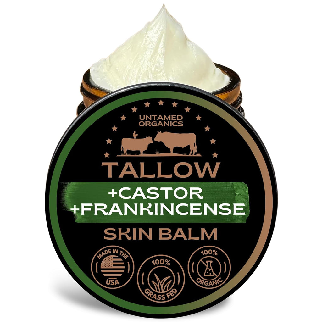 Handmade Tallow, Castor Oil, and Frankincense Oil Skin Balm - 100% Grass-Fed Tallow for Skin Care - Face & Body Moisturizer for Sensitive Skin, Eczema All-Purpose Balm - 2 FL. oz.