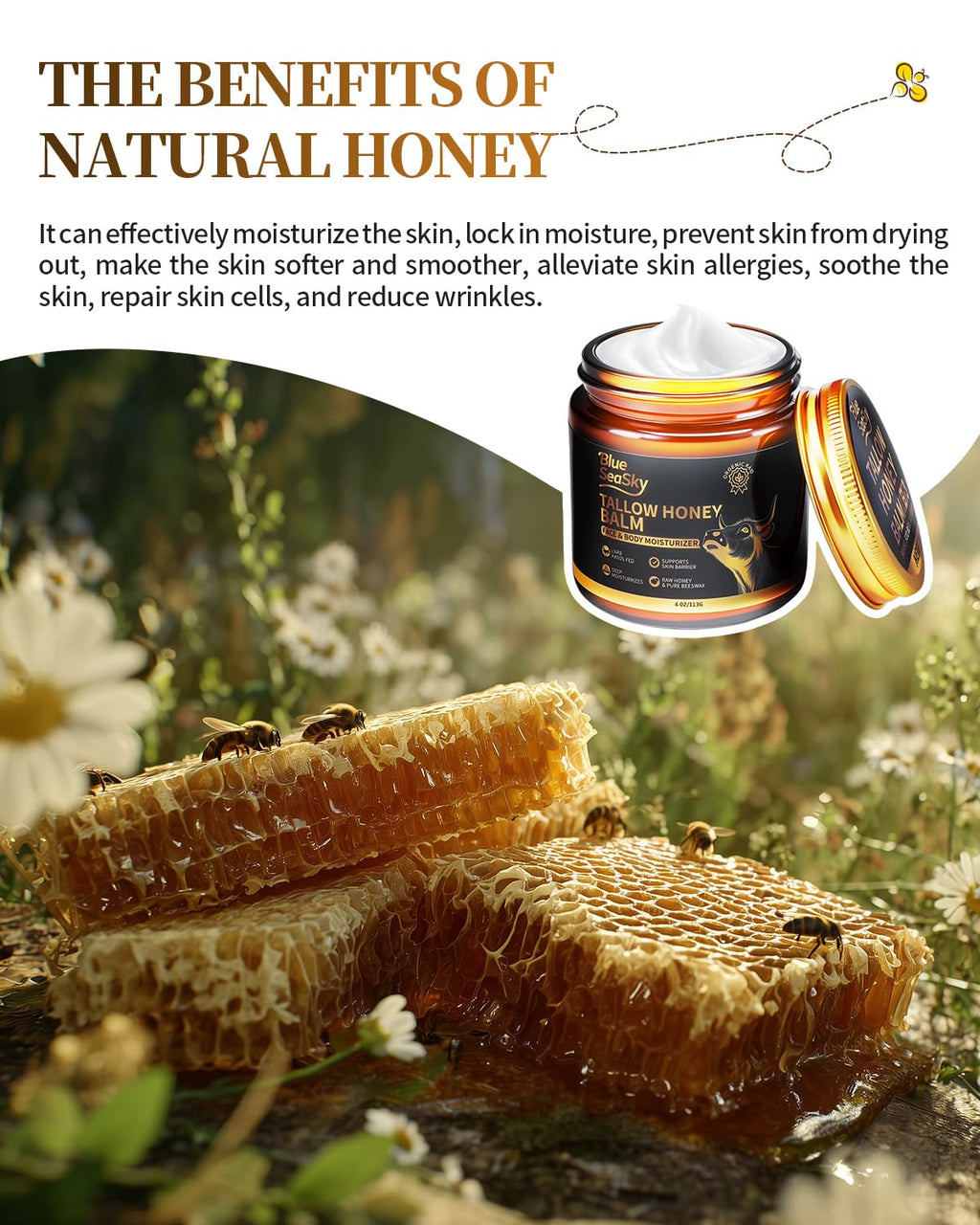 Upgraded Beef Tallow for Skin Handmade Whipped Organic Grass-Fed Tallow Balm with Raw Wild Honey for Eczema & Rosacea,Non-Comedogenic Face,Body Moisturizer for Dry, Sensitive Skin - 4oz Unscented