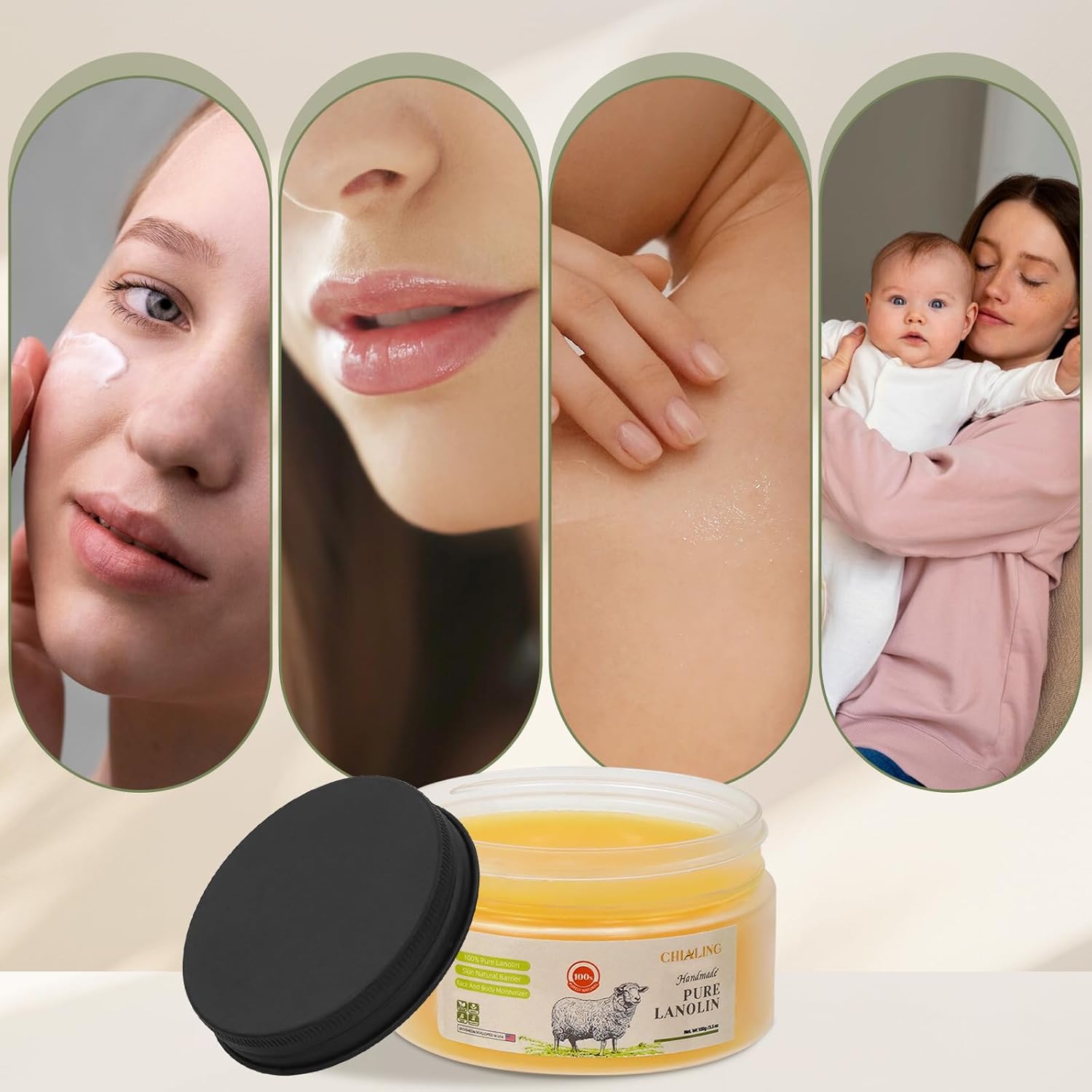 CHIALING Handmade Lanolin - 100% Pure Natural Australian Lanolin Cream - Made in USA - USP Grade Moisturizer for Dry/Cracked Skin, Nipple Discomfort, Lip Hydration & Eczema | Unscented, Additive-Free(3.5 oz)