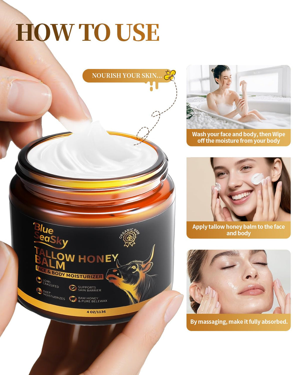 Upgraded Beef Tallow for Skin Handmade Whipped Organic Grass-Fed Tallow Balm with Raw Wild Honey for Eczema & Rosacea,Non-Comedogenic Face,Body Moisturizer for Dry, Sensitive Skin - 4oz Unscented