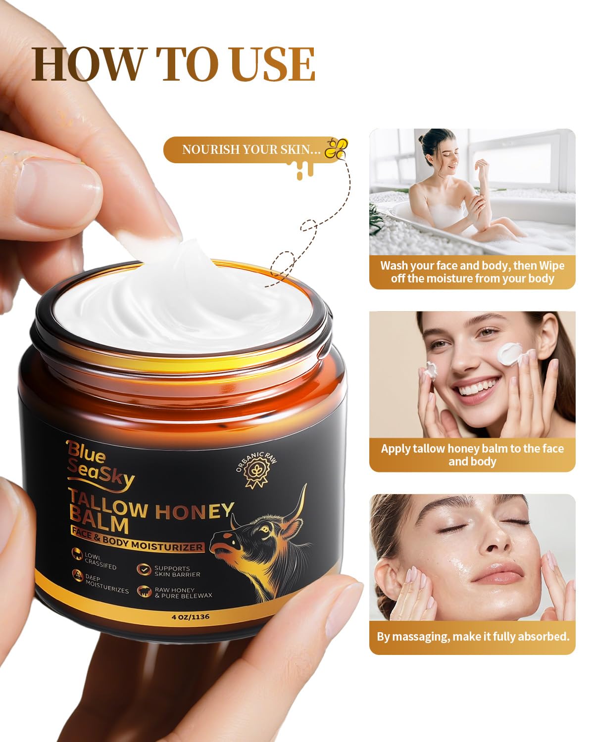 Upgraded Beef Tallow for Skin Handmade Whipped Organic Grass-Fed Tallow Balm with Raw Wild Honey for Eczema & Rosacea,Non-Comedogenic Face,Body Moisturizer for Dry, Sensitive Skin - 4oz Unscented