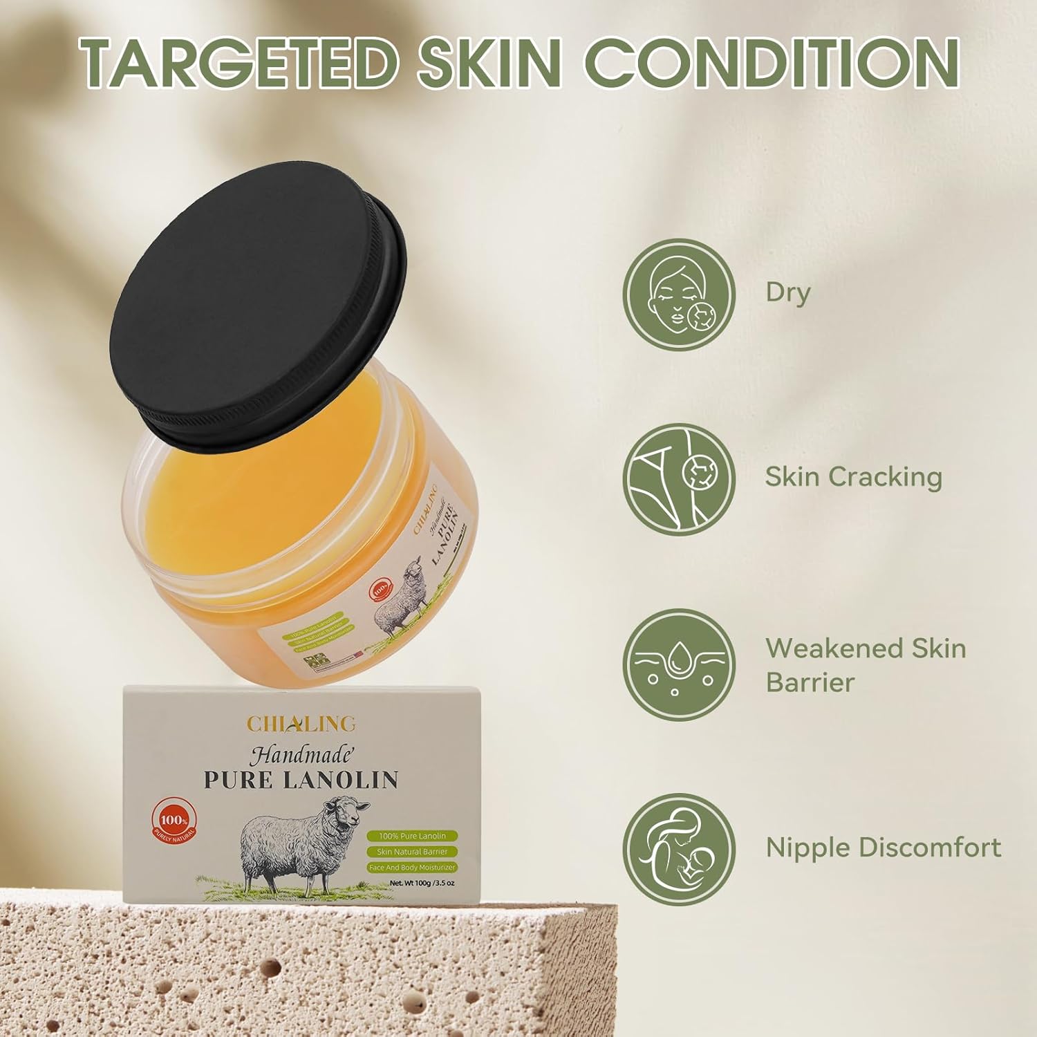 CHIALING Handmade Lanolin - 100% Pure Natural Australian Lanolin Cream - Made in USA - USP Grade Moisturizer for Dry/Cracked Skin, Nipple Discomfort, Lip Hydration & Eczema | Unscented, Additive-Free(3.5 oz)