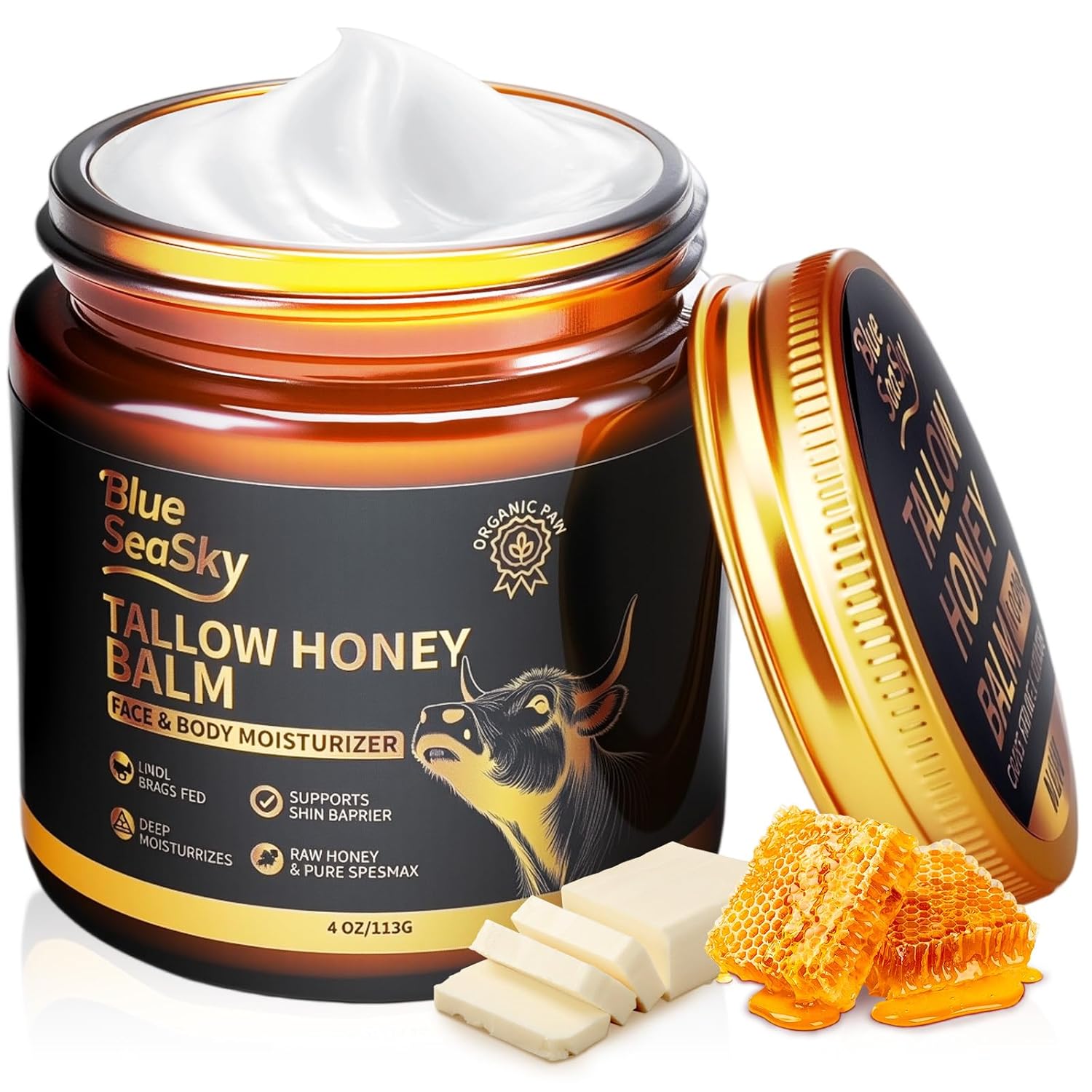 Upgraded Beef Tallow for Skin Handmade Whipped Organic Grass-Fed Tallow Balm with Raw Wild Honey for Eczema & Rosacea,Non-Comedogenic Face,Body Moisturizer for Dry, Sensitive Skin - 4oz Unscented